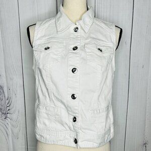 Chico's Platinum White Denim Vest Chicos Sz 0 (4) Button Up Casual Rhinestone